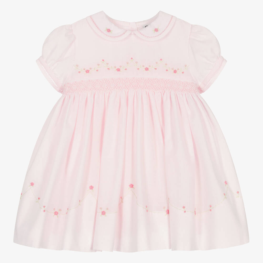 Sarah Louise - Girls Pink Hand-Smocked Flower Dress | Childrensalon