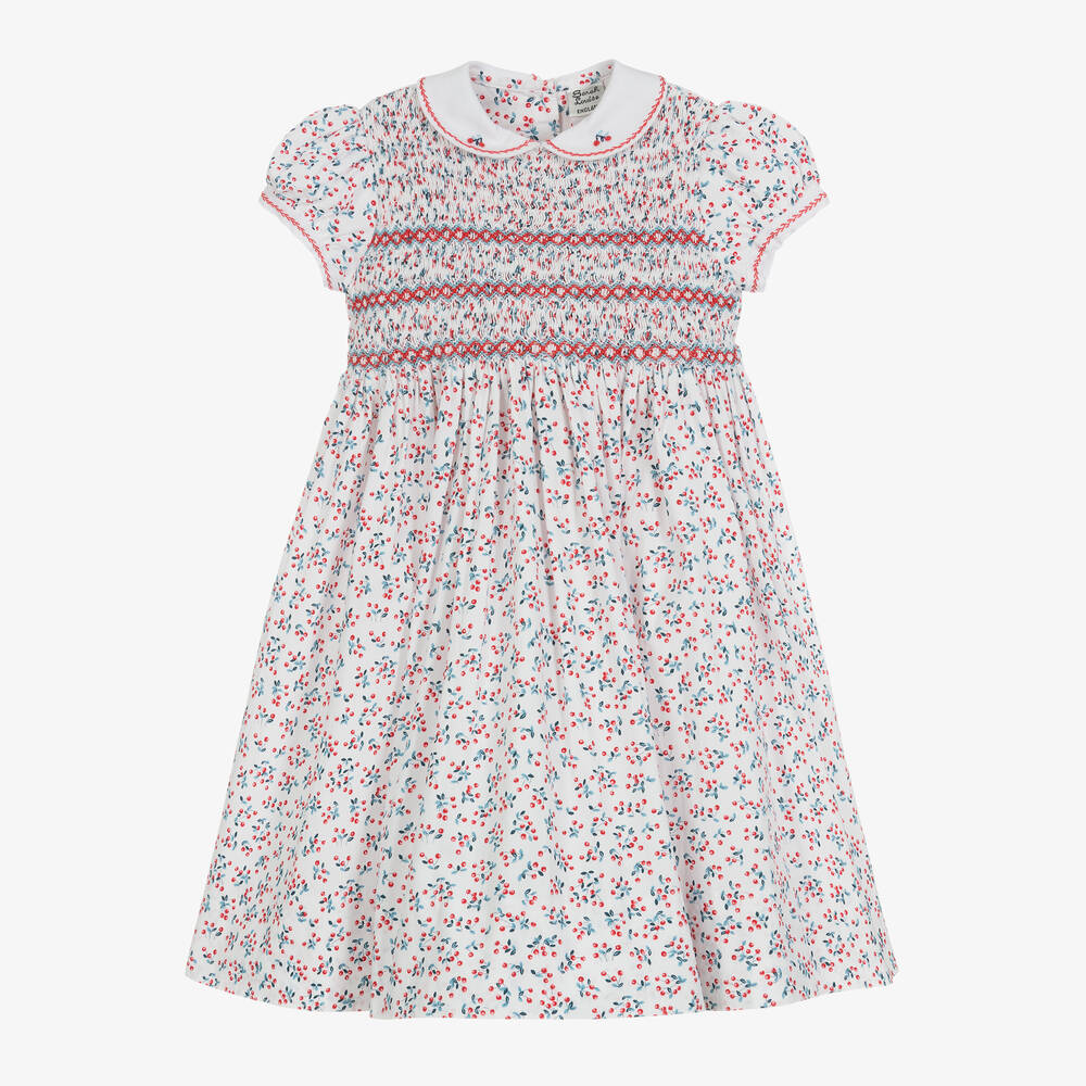 Sarah Louise - Girls Red & White Berries Smocked Dress | Childrensalon