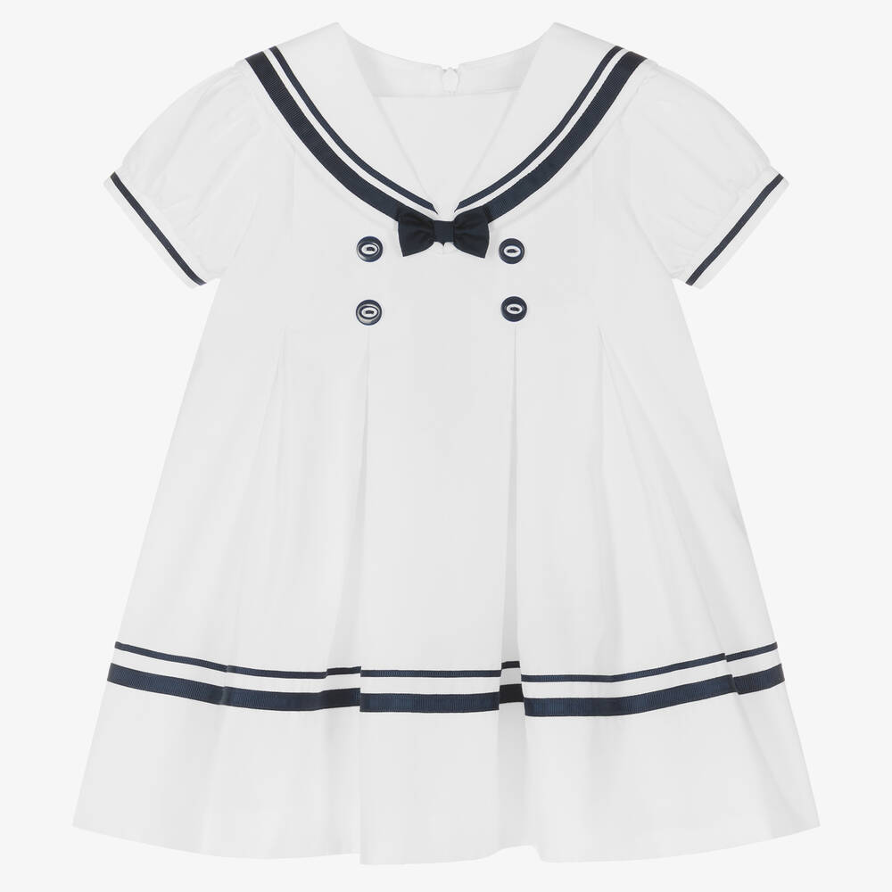 Sarah Louise Babies' Girls White & Blue Cotton Sailor Dress