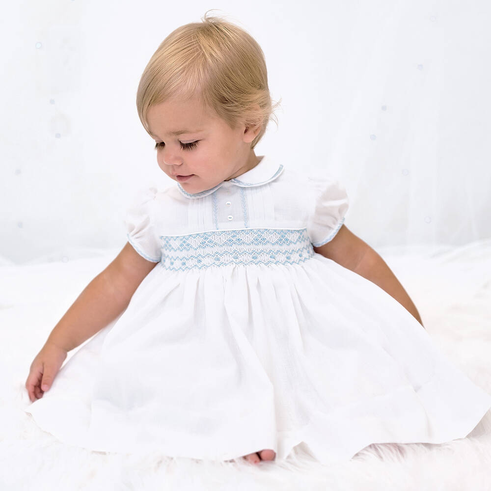 Sarah Louise - Girls White & Blue Hand-Smocked Dress | Childrensalon