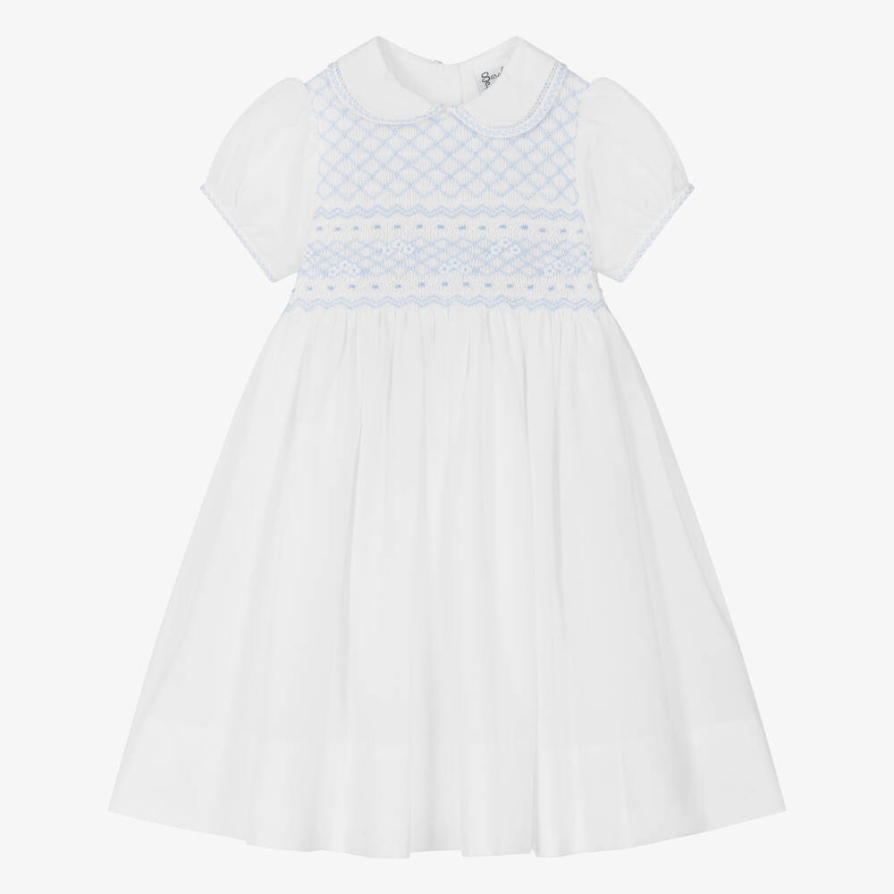 Sarah Louise - Girls White & Blue Hand-Smocked Dress | Childrensalon