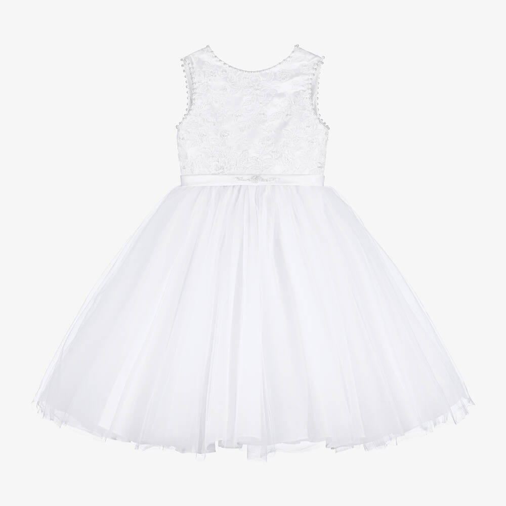 Sarah Louise - Girls White Embroidered Satin & Tulle Dress | Childrensalon