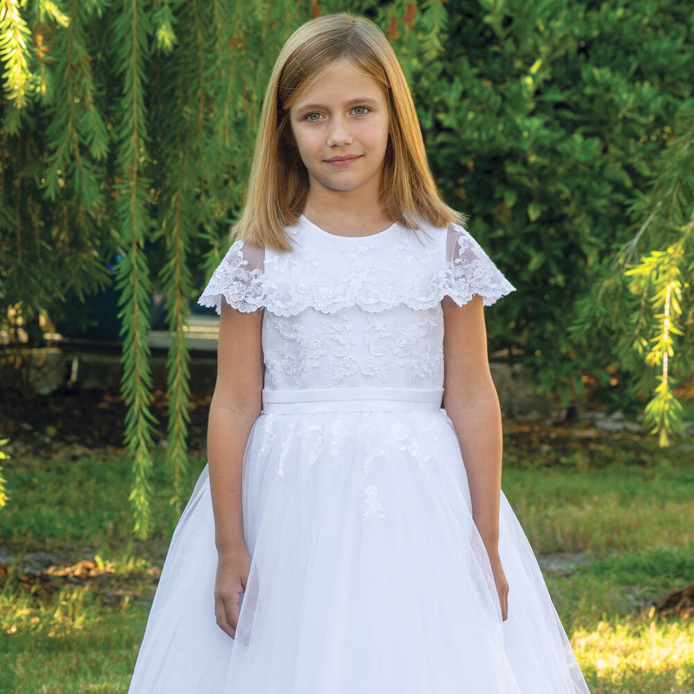 Sarah Louise-Girls White Embroidered Tulle Communion Dress | Childrensalon