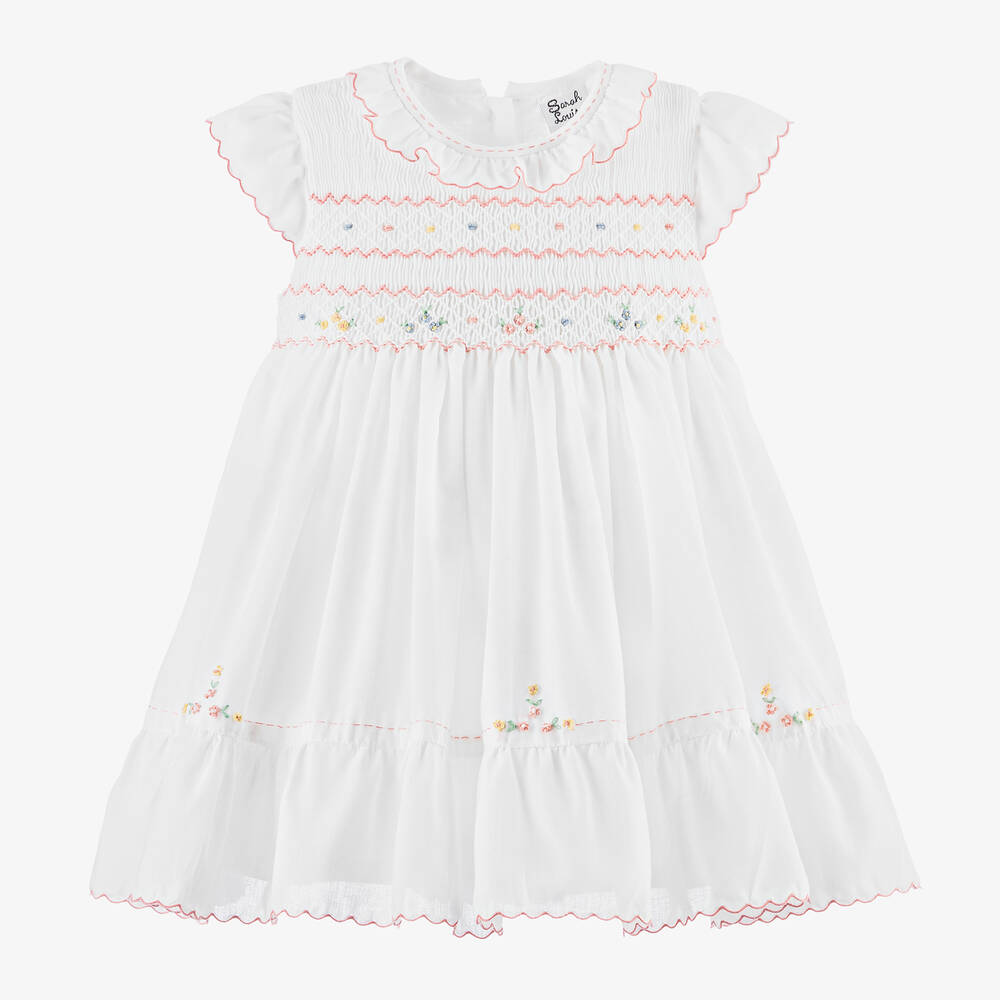 Sarah Louise - Girls White Hand-Smocked Cotton Dress | Childrensalon