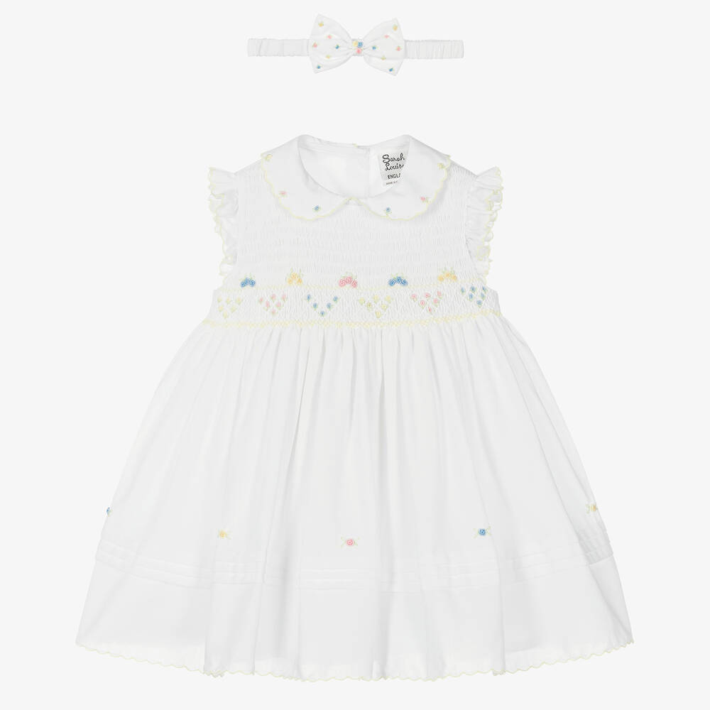 Sarah Louise -  طقم فستان تطريز سموك لون أبيض  | Childrensalon