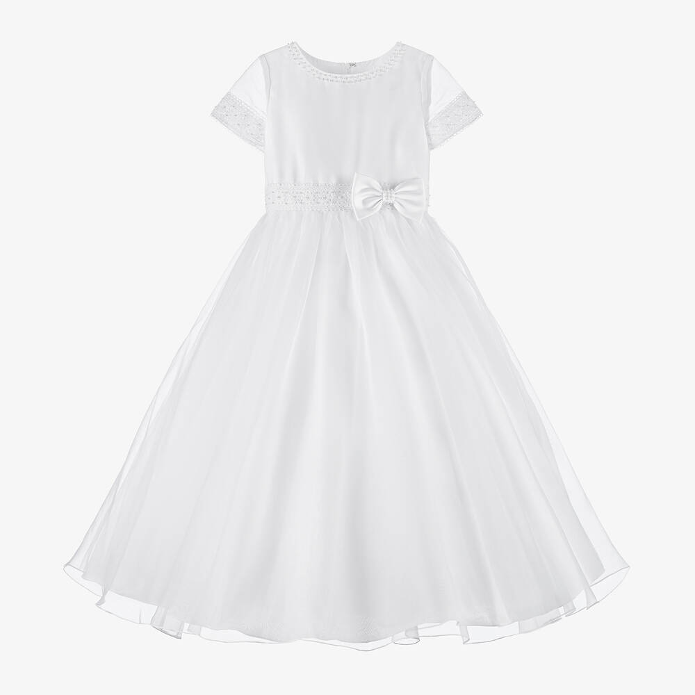 Sarah Louise - Girls White Lace Organza Dress | Childrensalon