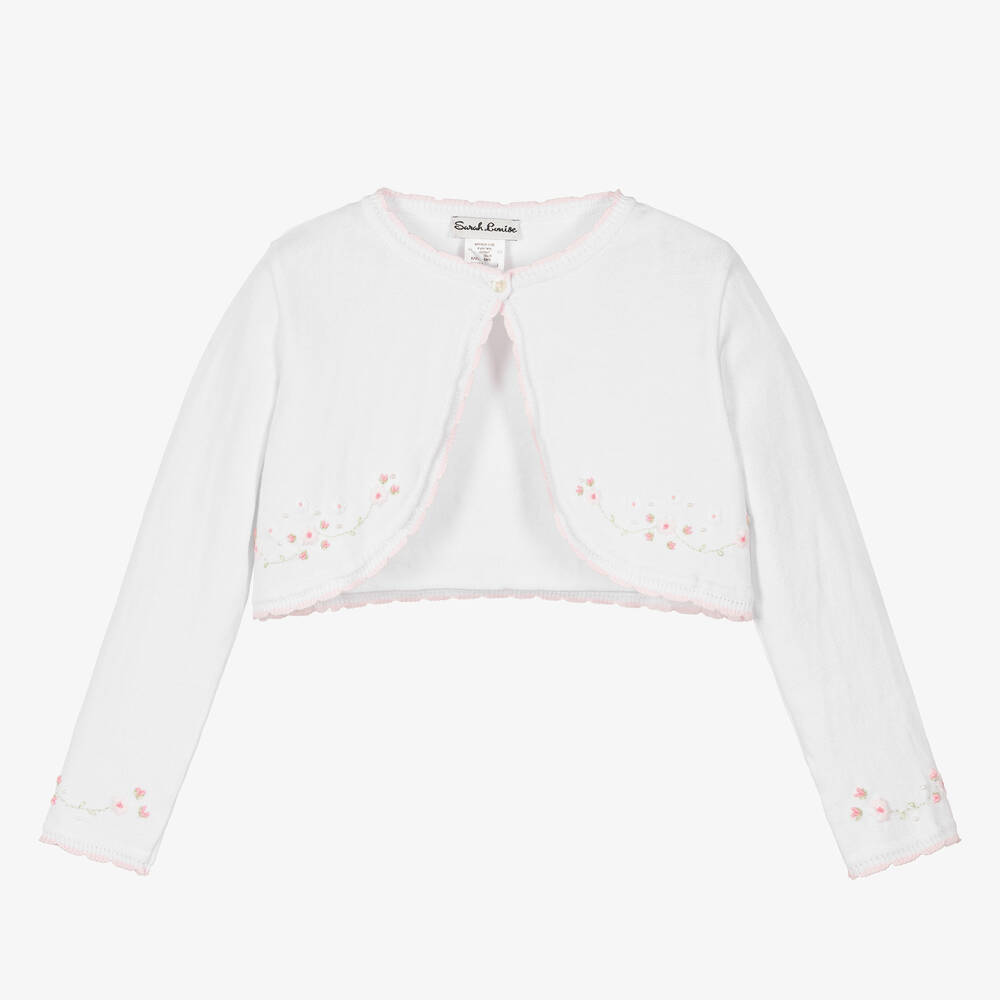 Sarah Louise - Girls White & Pink Cotton Knit Cardigan | Childrensalon