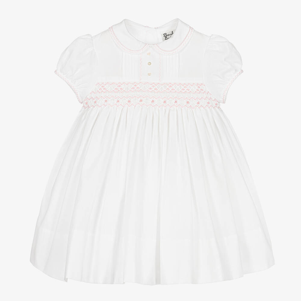 Sarah Louise - Girls White & Pink Hand-Smocked Dress | Childrensalon