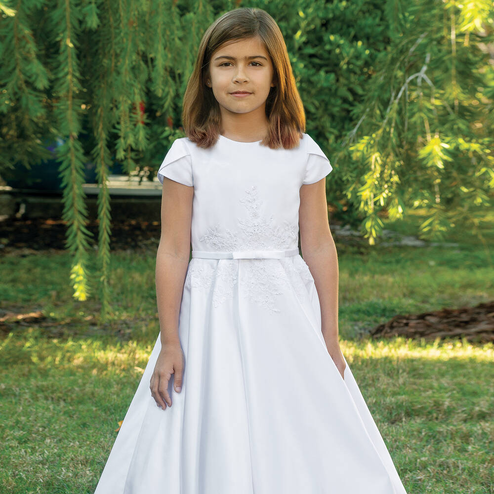 Sarah Louise-Girls White Satin Communion Dress | Childrensalon