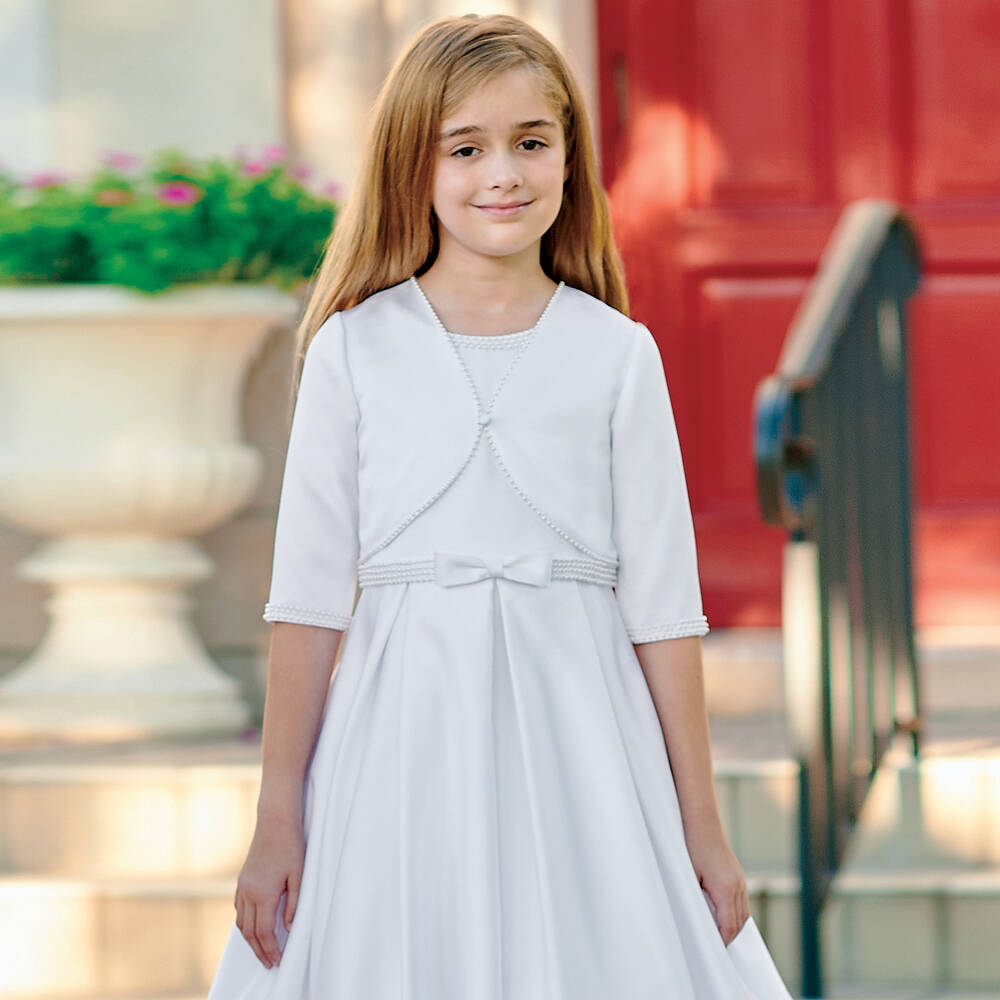 Sarah Louise-طقم بوليرو وفستان ساتان لون أبيض | Childrensalon