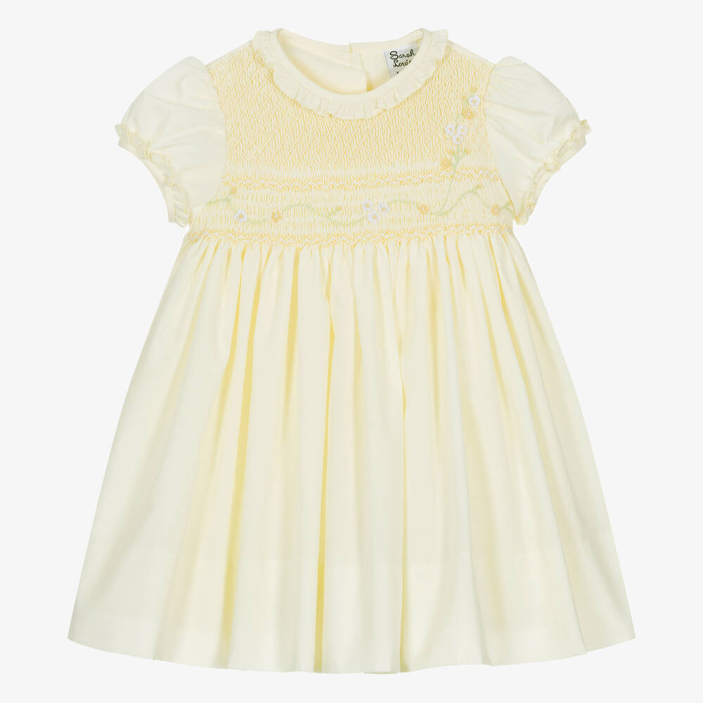 Shop Sarah Louise Girls Yellow Hand-smocked Cotton Dress