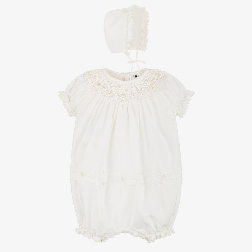 Sarah Louise - Ivory Smocked Shortie & Bonnet Set | Childrensalon