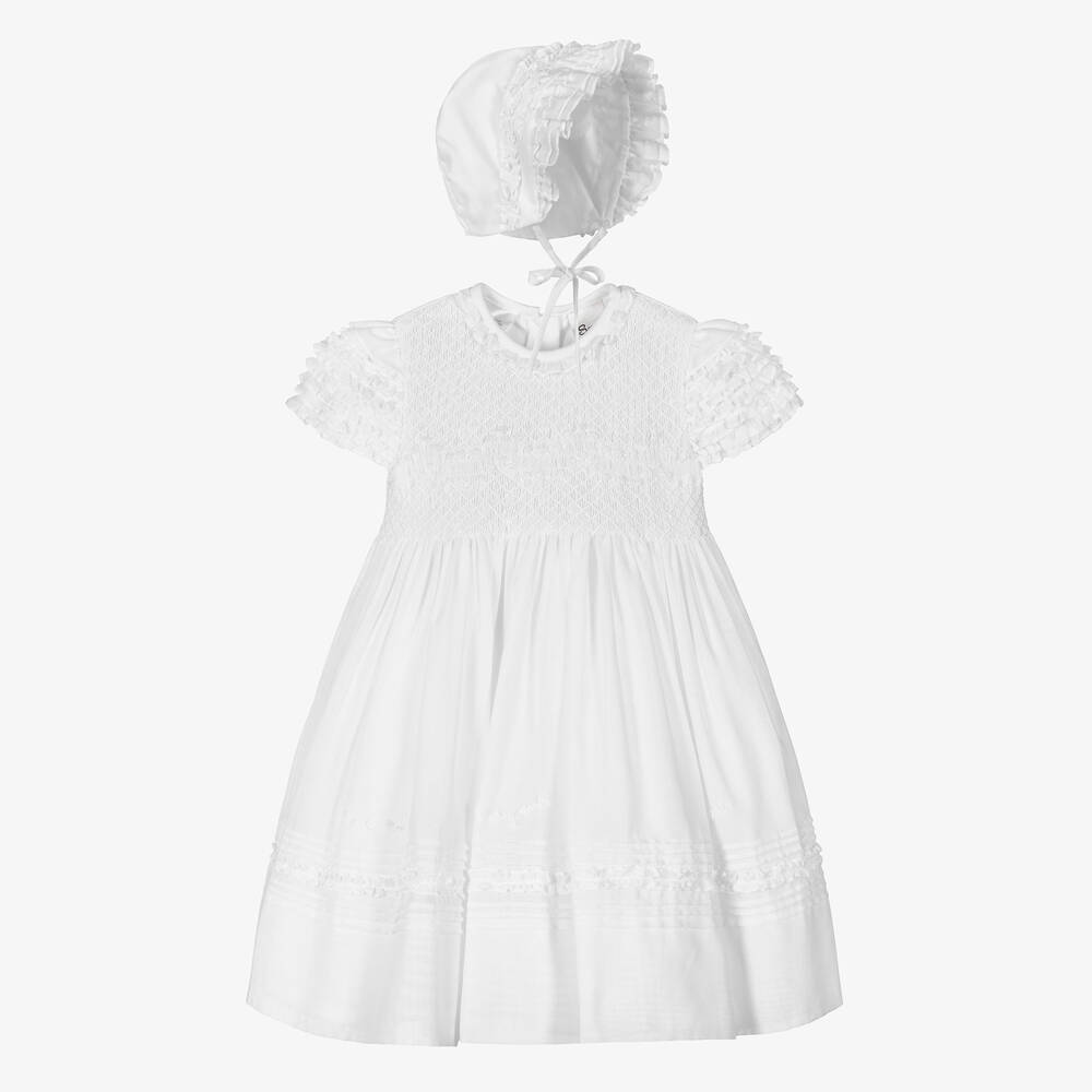 Sarah Louise - طقم فستان مراسم بولي قطن لون أبيض للمولودات | Childrensalon