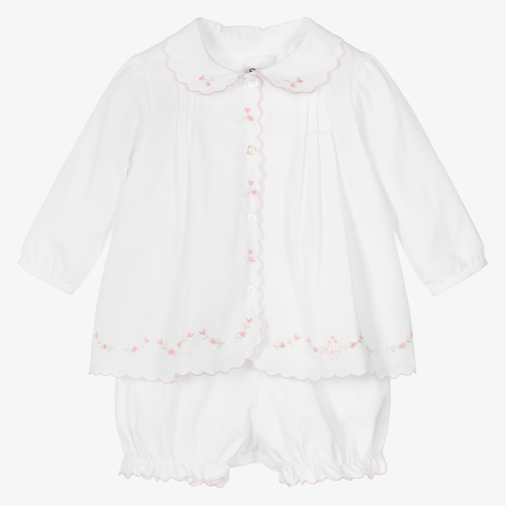 Sarah Louise - White Cotton Baby Shorts Set | Childrensalon