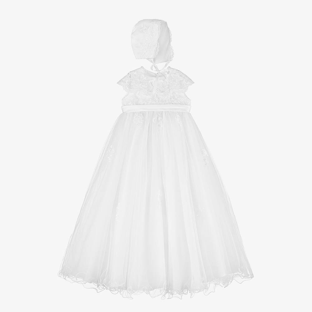 Sarah Louise - White Lace Gown & Bonnet Set | Childrensalon