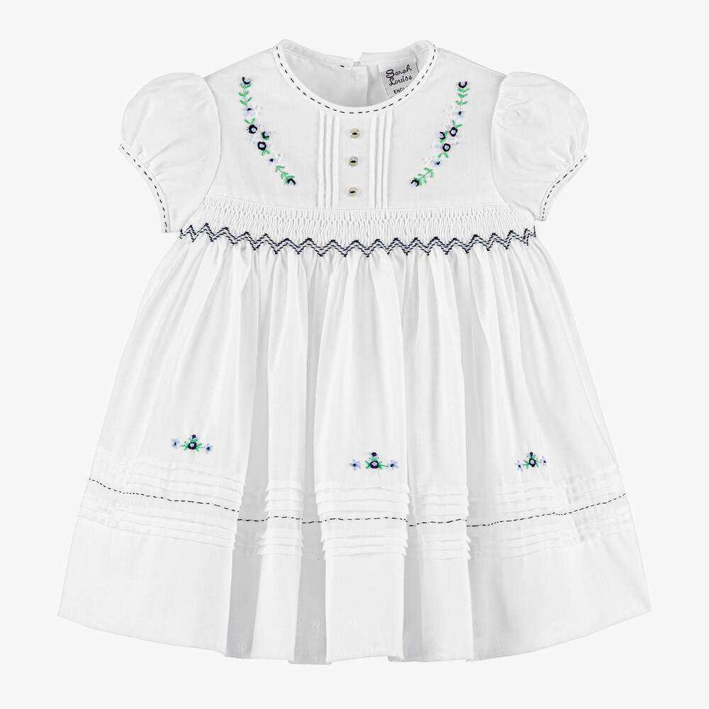 Sarah Louise - White & Navy Blue Smocked Dress | Childrensalon