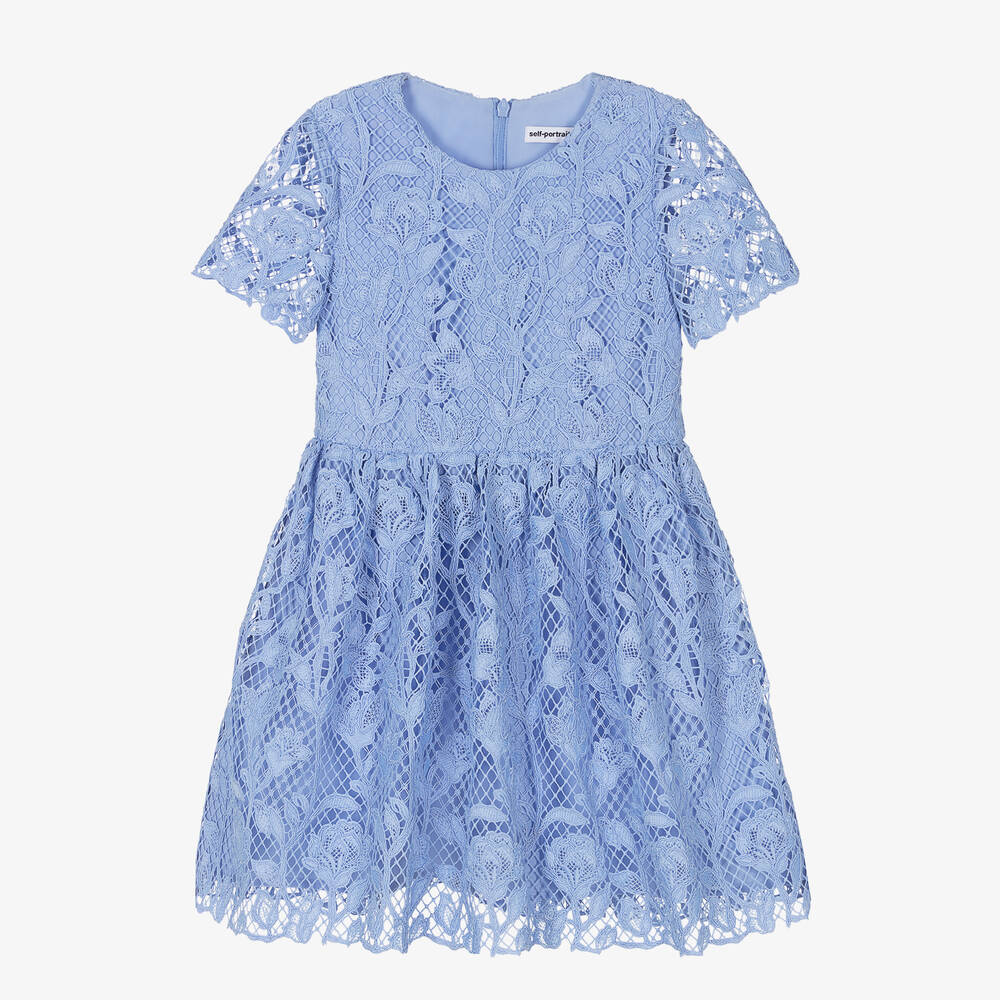 Self-Portrait - Girls Blue Floral Lace Dress | Childrensalon