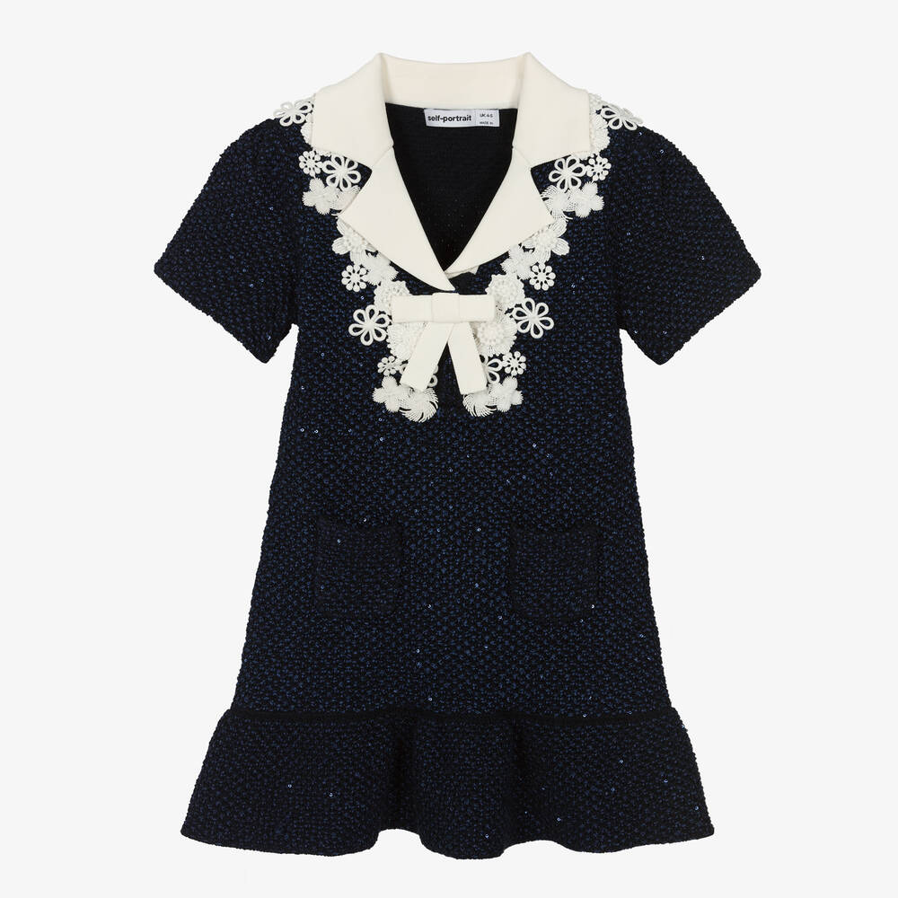 Self-Portrait - Girls Navy Blue Knitted Jersey Dress | Childrensalon