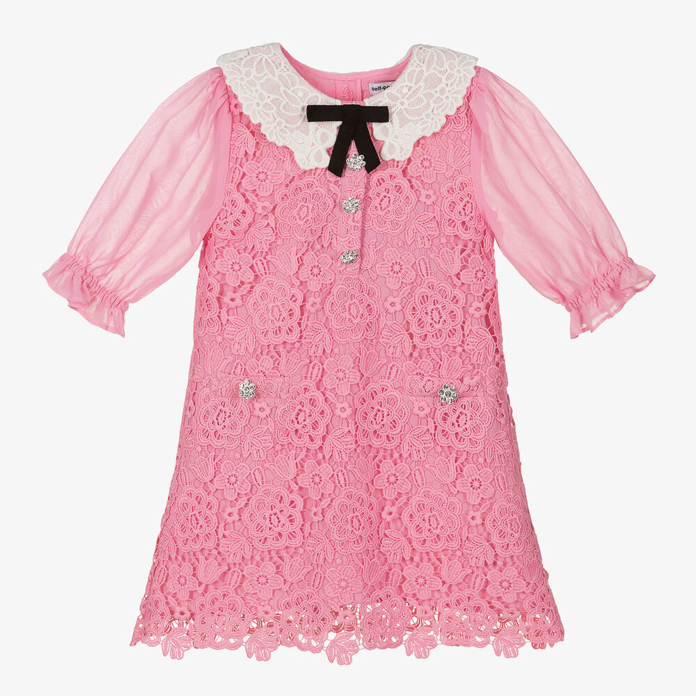 Self-Portrait - Girls Pink Floral Guipure Lace Dress | Childrensalon