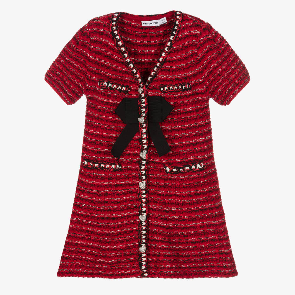 Self-Portrait - Girls Red & Black Knitted Wool Dress | Childrensalon