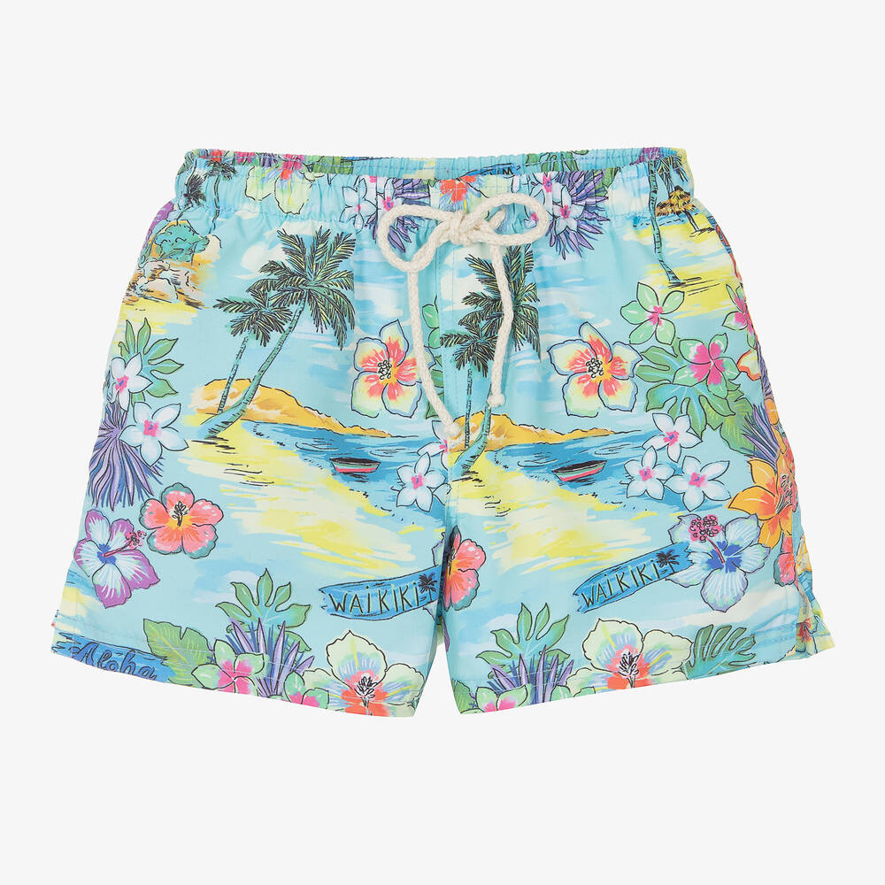 Selini Action - Boys Blue Tropical-Print Swim Shorts | Childrensalon