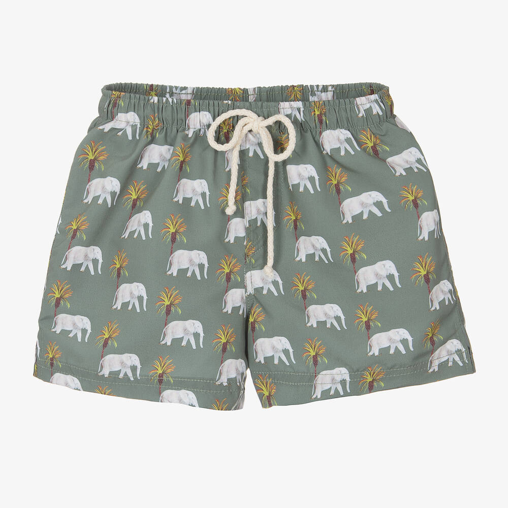 Shop Selini Action Boys Green Elephant-print Swim Shorts