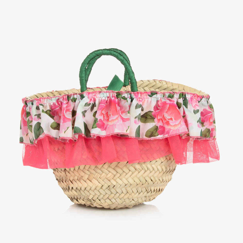 Selini Action - Girls Beige Floral Straw Handbag (20cm) | Childrensalon