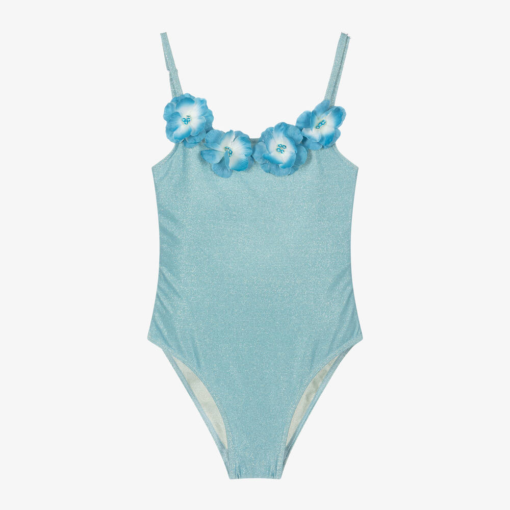 Selini Action - Girls Blue Sparkle Flowers Swimsuit | Childrensalon