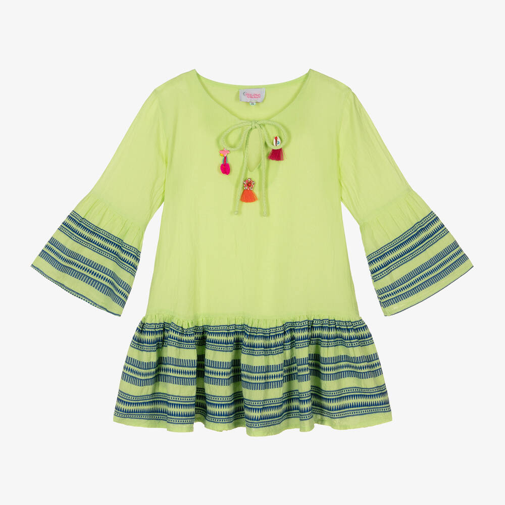 Selini Action - Girls Green Cotton Dress | Childrensalon