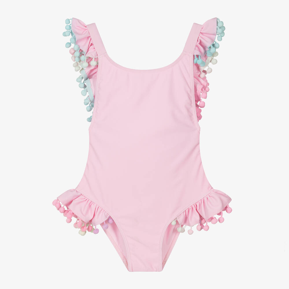 Selini Action - Girls Pastel Pink Pom-Pom Swimsuit | Childrensalon
