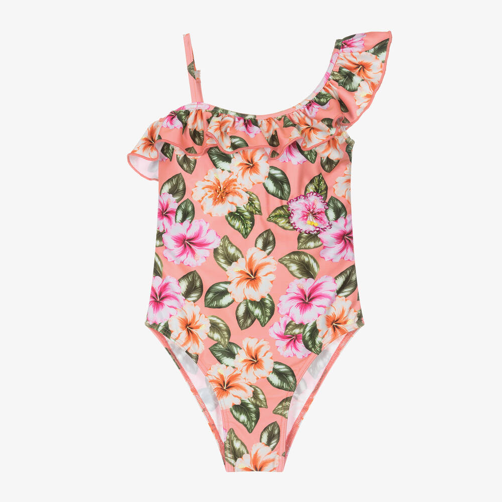 Selini Action - Girls Pink Beaded Floral Ruffle Swimsuit | Childrensalon