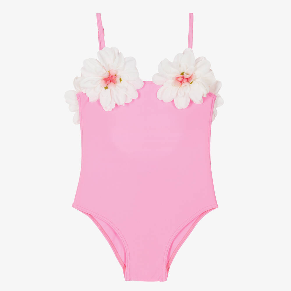 Selini Action - Girls Pink Flower Appliqué Swimsuit | Childrensalon