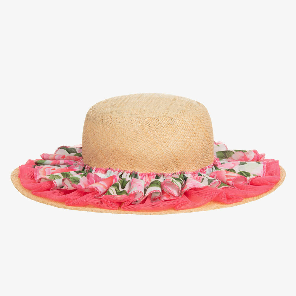 Selini Action - Girls Straw Hat With Tulle & Floral Trim | Childrensalon