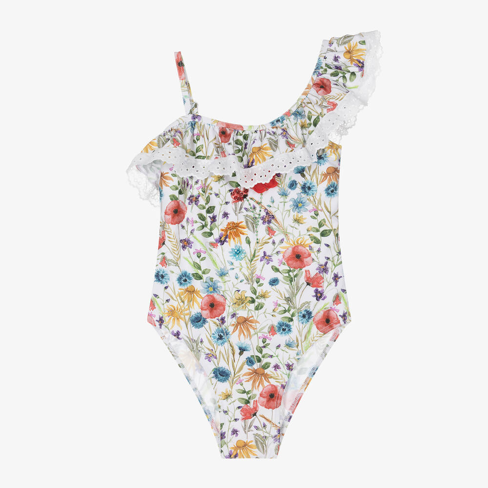 Shop Selini Action Girls White Beaded Floral Ruffle Swimsuit