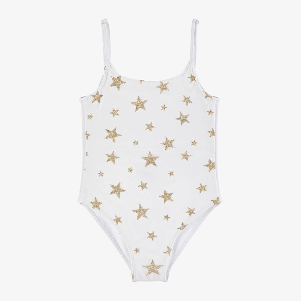 Selini Action - Girls White & Gold Glitter Star Swimsuit | Childrensalon