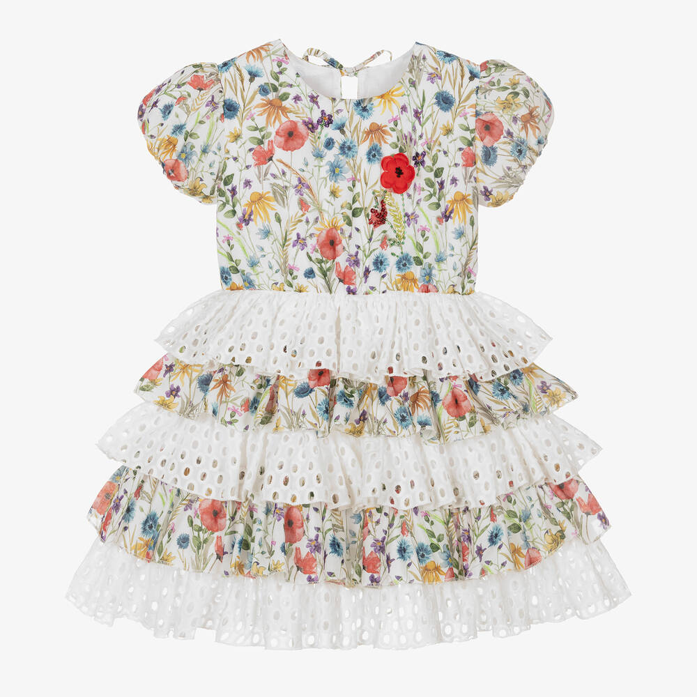 Selini Action - Белое многоярусное платье с рюшами и цветами | Childrensalon