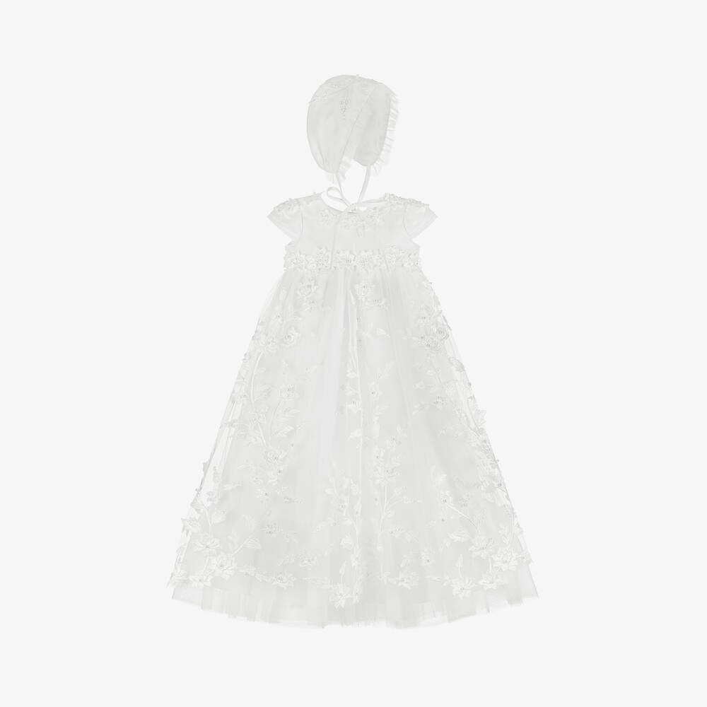 Sevva Baby Girls Ivory Ceremony Gown & Bonnet Set In White