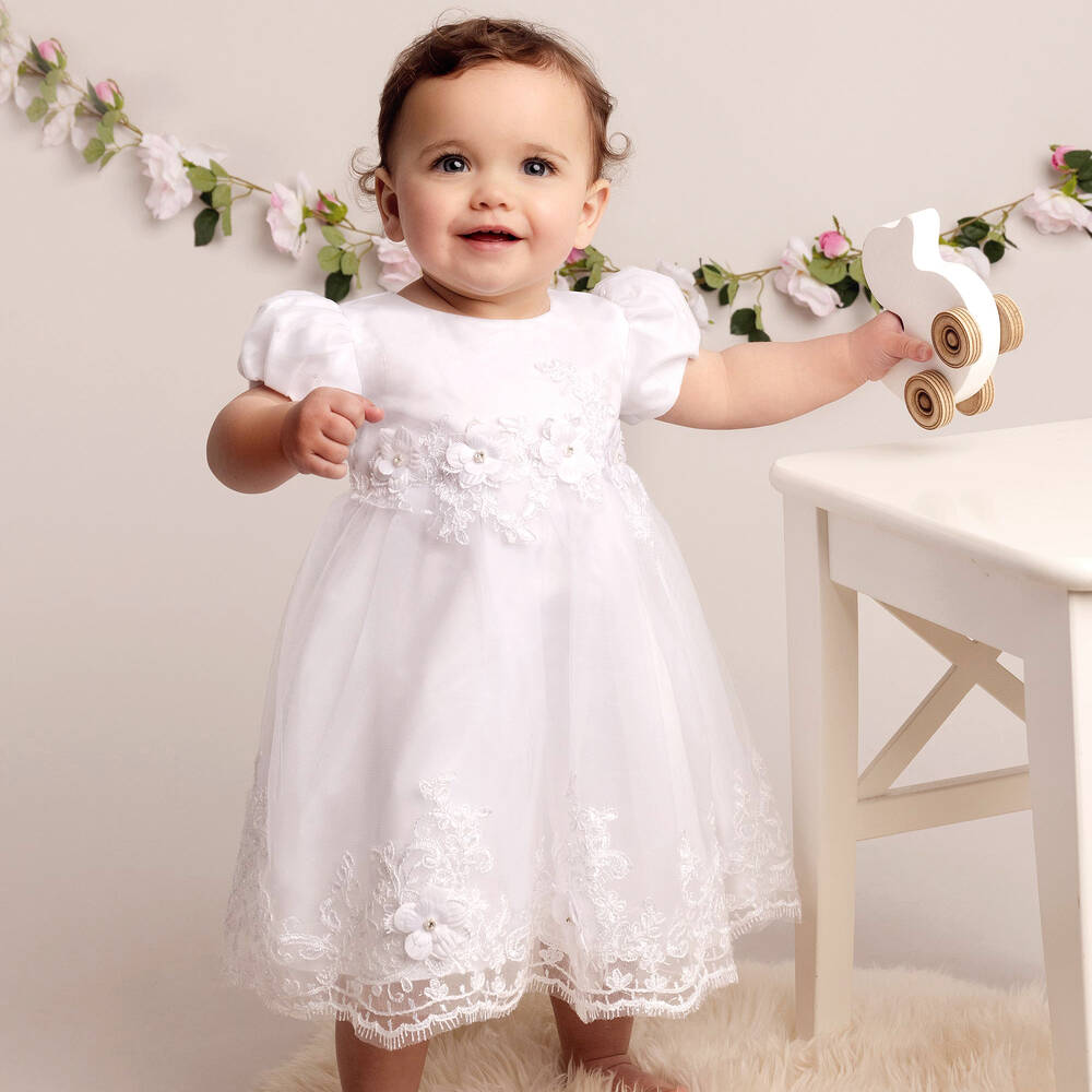 Sevva-فستان ساتان وتول مطرز لون أبيض للمولودات | Childrensalon