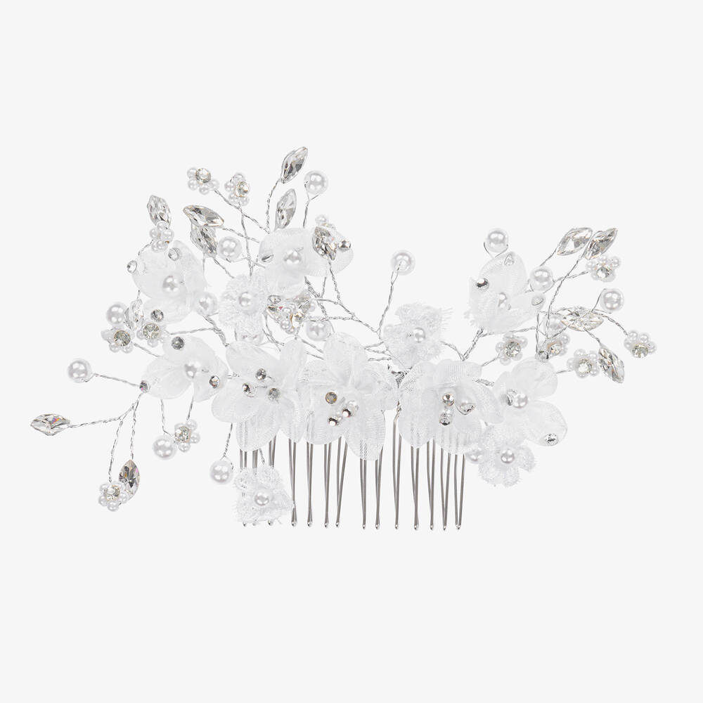 Sevva Kids' Girls Flower & Diamanté Hair Comb (13cm) In White