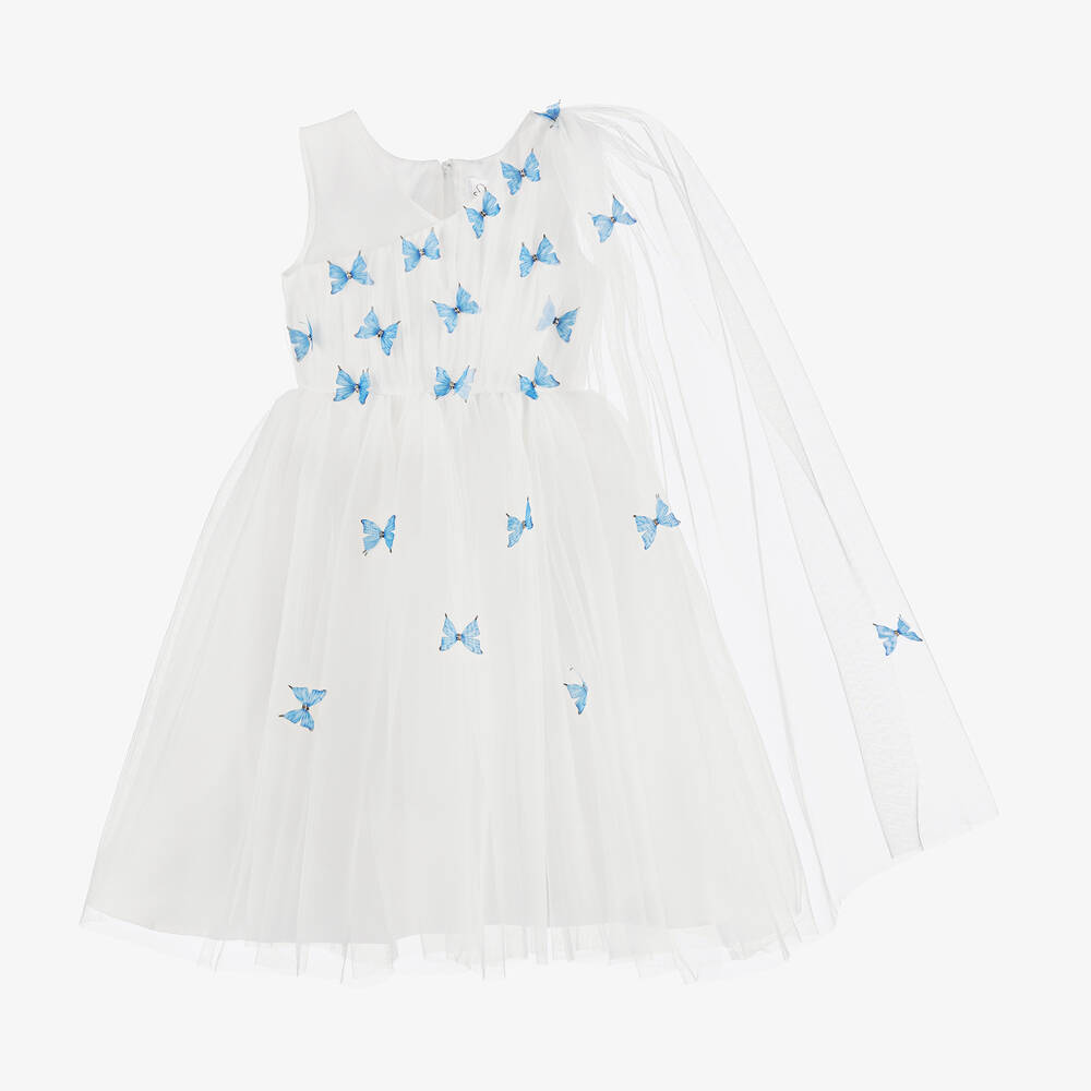 Sevva - Girls Ivory & Blue Butterfly Tulle Dress | Childrensalon