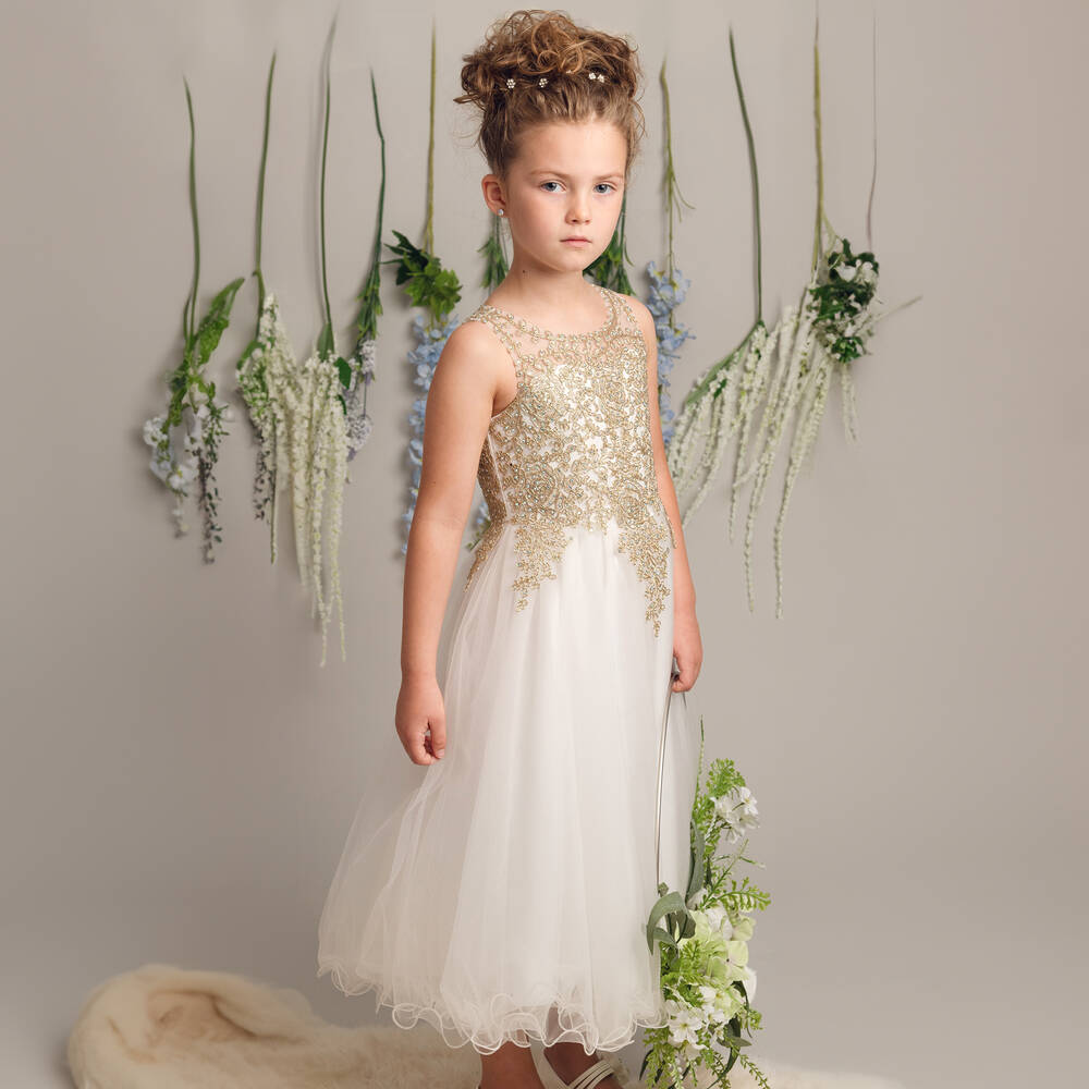 Sevva-Girls Ivory & Gold Embroidered Tulle Dress | Childrensalon