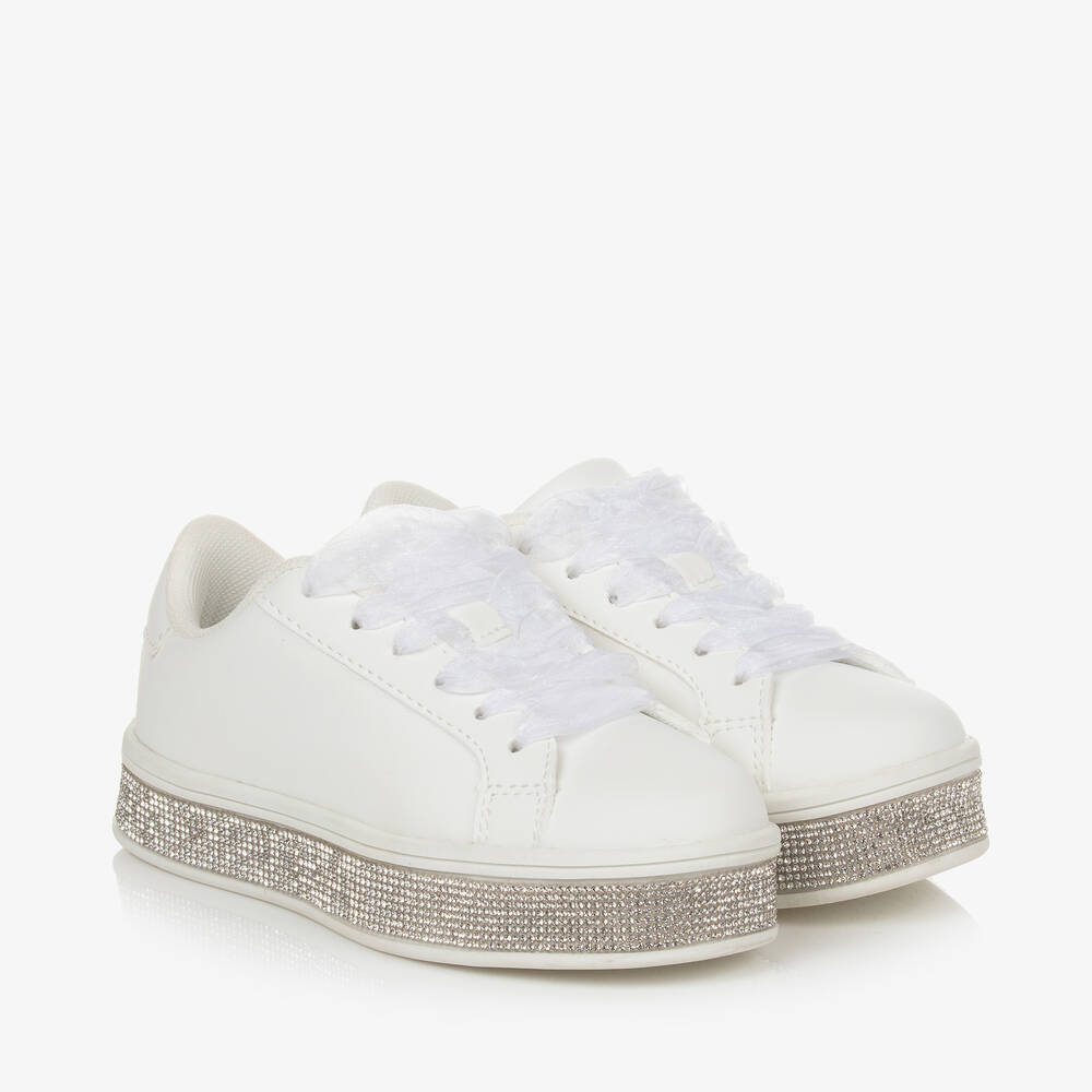 Sevva - Girls White Lace-Up Diamanté Trainers | Childrensalon