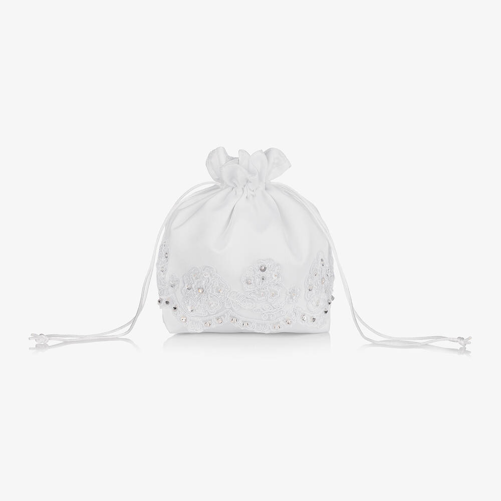 Sevva - Girls White Satin Drawstring Handbag (24cm) | Childrensalon