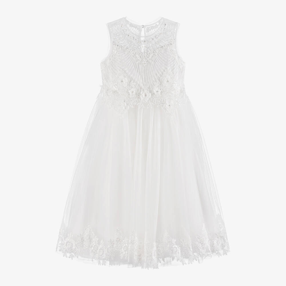 Sevva - Girls White Tulle Embroidered Lace Dress | Childrensalon