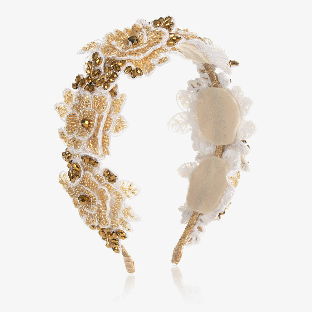 Sienna Likes To Party - Бело-золотистый ободок с цветами из кристаллов | Childrensalon