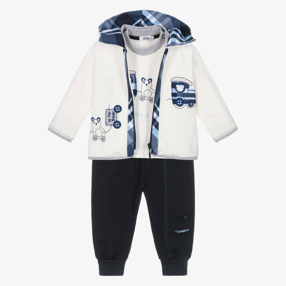 Sofija - Бело-синий комплект с хлопковыми джоггерами для малышей | Childrensalon