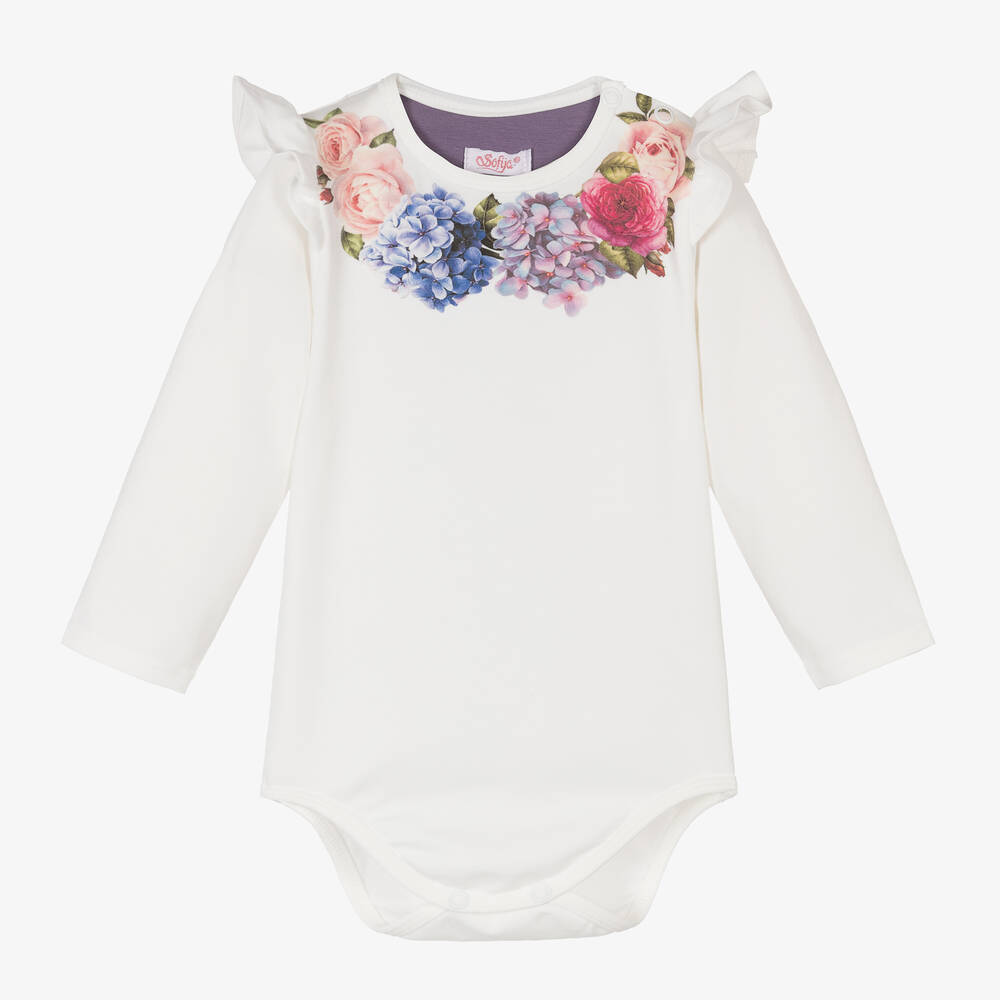 Sofija - Baby Girls Ivory Cotton Floral Bodysuit | Childrensalon