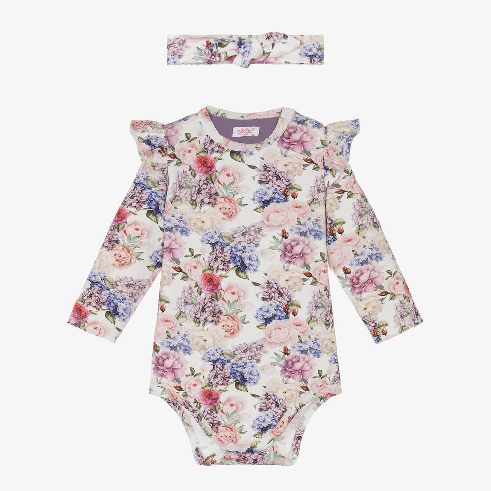 Sofija - Baby Girls Ivory Cotton Floral Bodysuit Set | Childrensalon