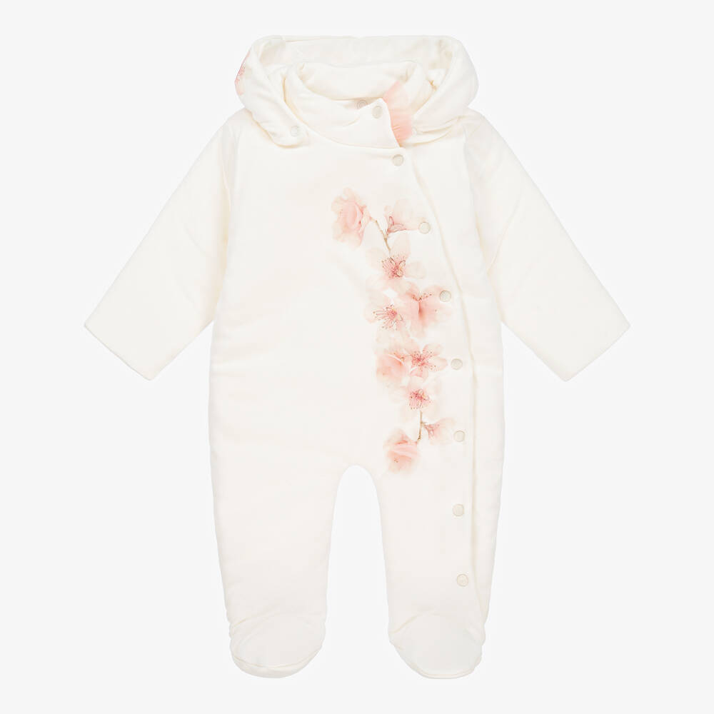 Sofija - Baby Girls Ivory Cotton Floral Pramsuit | Childrensalon