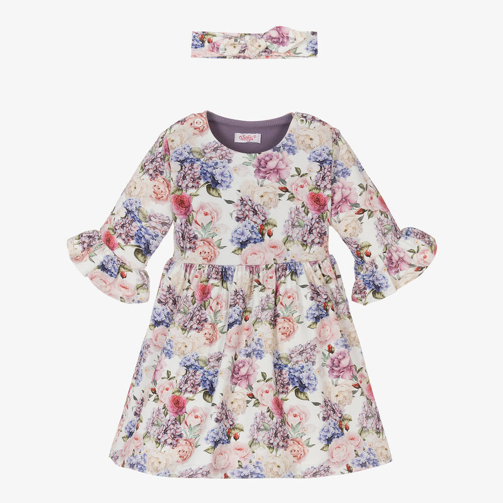 Sofija - طقم فستان قطن جيرسي لون عاجي بطبعة ورود | Childrensalon